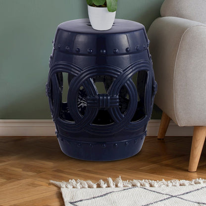 Lucky Coins 16" Navy Ceramic Cutout Interlocking Rings Drum Garden Stool