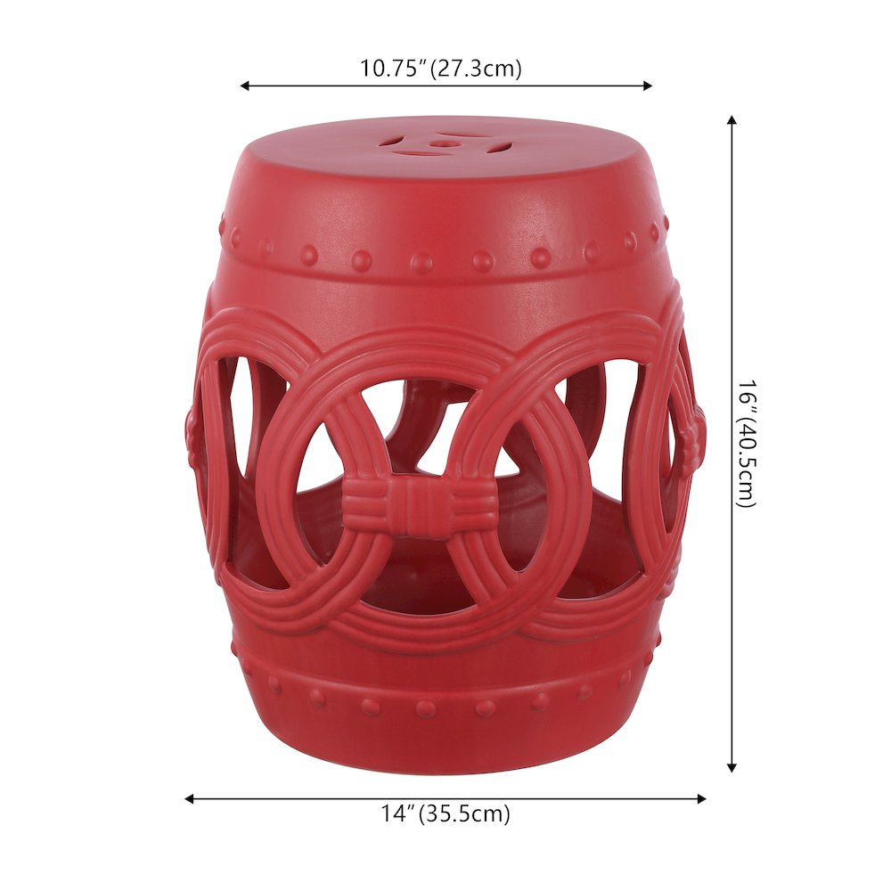 Lucky Coins 16" Matte Red Ceramic Cutout Interlocking Rings Drum Garden Stool