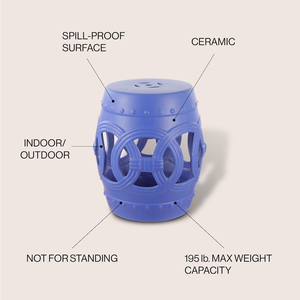 Lucky Coins 16" Matte Blue Ceramic Cutout Interlocking Rings Drum Garden Stool