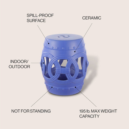 Lucky Coins 16" Matte Blue Ceramic Cutout Interlocking Rings Drum Garden Stool