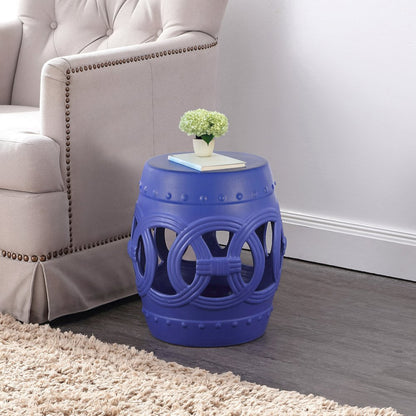 Lucky Coins 16" Matte Blue Ceramic Cutout Interlocking Rings Drum Garden Stool