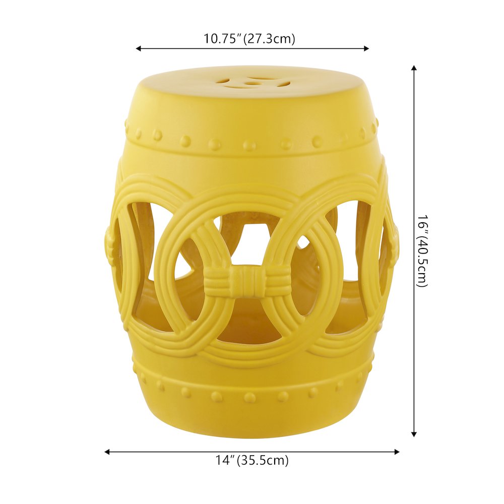 Lucky Coins 16" Matte Yellow Ceramic Cutout Interlocking Rings Drum Garden Stool