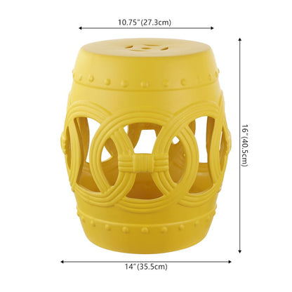 Lucky Coins 16" Matte Yellow Ceramic Cutout Interlocking Rings Drum Garden Stool