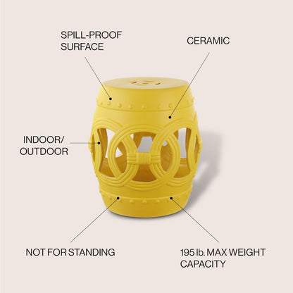 Lucky Coins 16" Matte Yellow Ceramic Cutout Interlocking Rings Drum Garden Stool