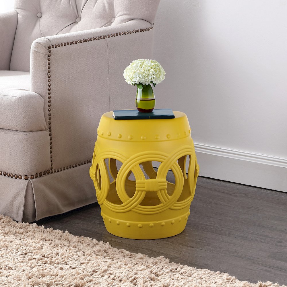 Lucky Coins 16" Matte Yellow Ceramic Cutout Interlocking Rings Drum Garden Stool