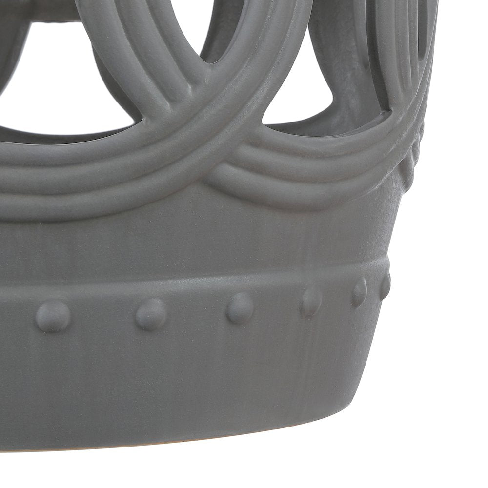 Lucky Coins 16" Matte Gray Ceramic Cutout Interlocking Rings Drum Garden Stool