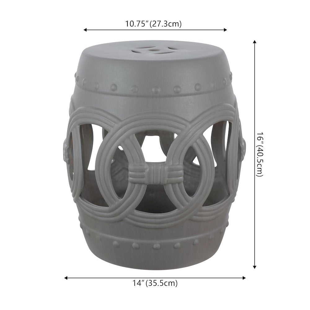 Lucky Coins 16" Matte Gray Ceramic Cutout Interlocking Rings Drum Garden Stool