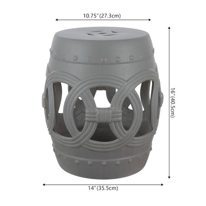 Lucky Coins 16" Matte Gray Ceramic Cutout Interlocking Rings Drum Garden Stool