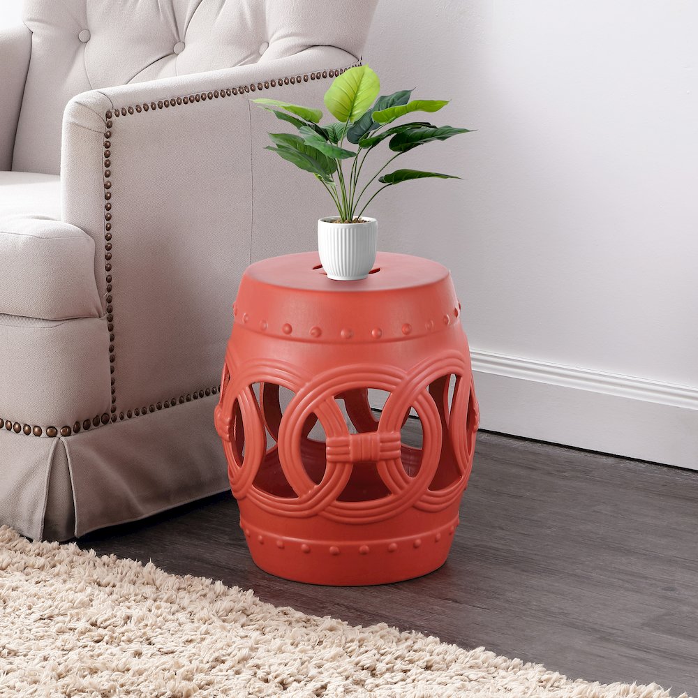 Lucky Coins 16" Matte Coral Ceramic Cutout Interlocking Rings Drum Garden Stool