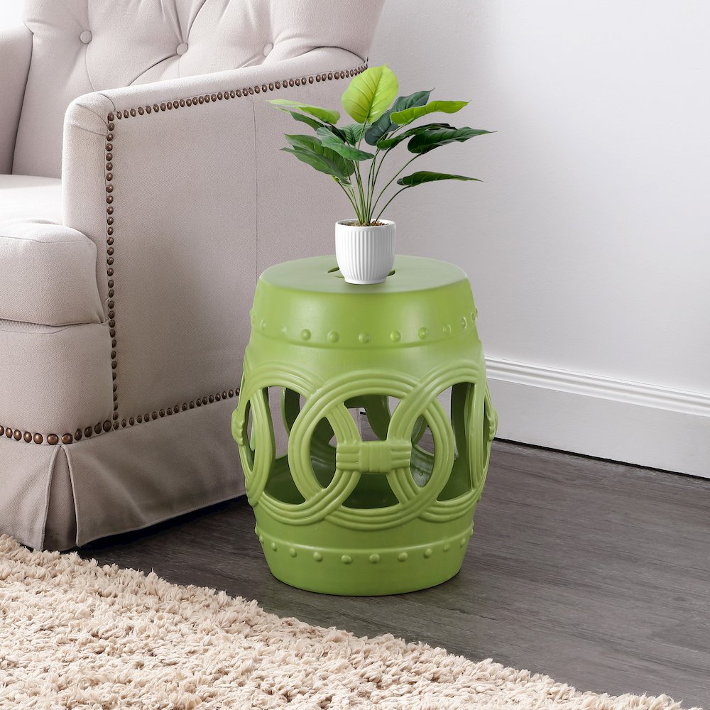 Lucky Coins 16" Matte Green Ceramic Cutout Interlocking Rings Drum Garden Stool