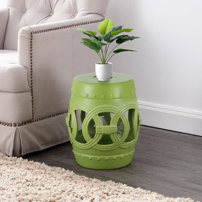 Lucky Coins 16" Matte Green Ceramic Cutout Interlocking Rings Drum Garden Stool