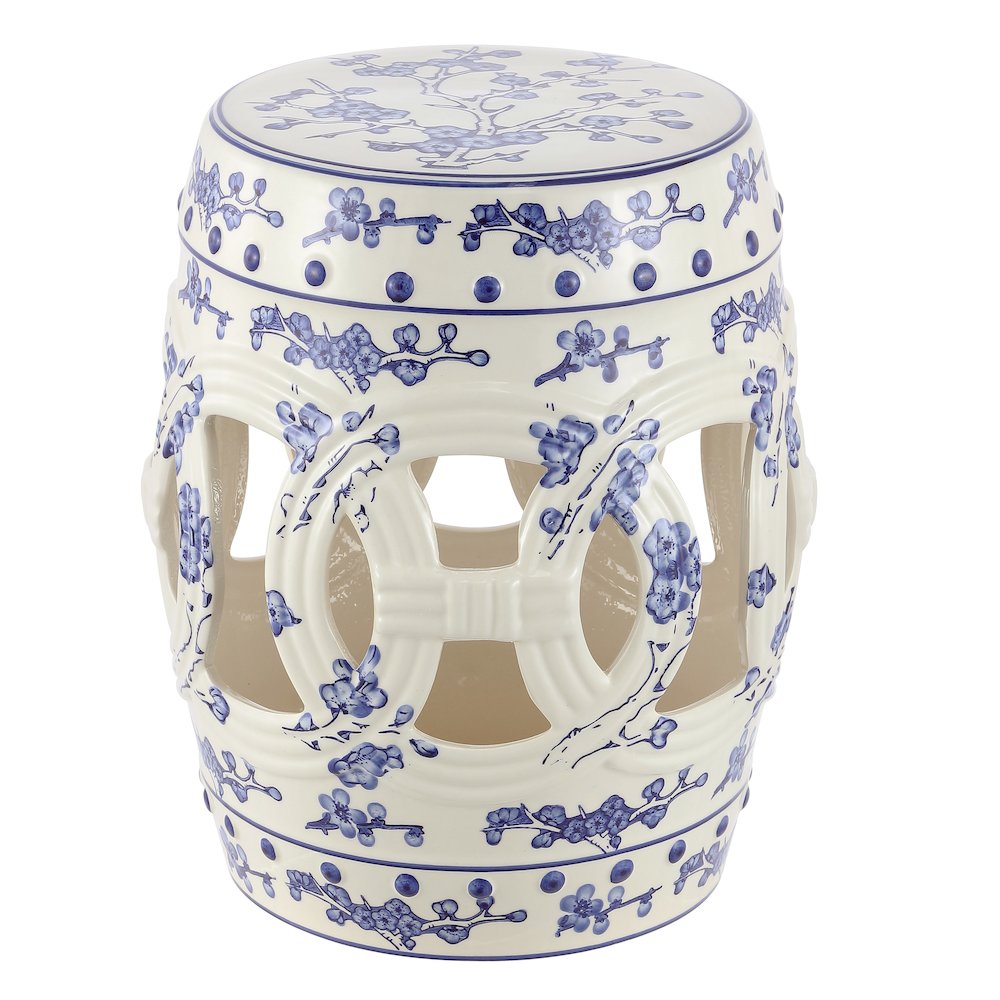 Lucky Coins 16" Blue/White Ceramic Cutout Interlocking Rings Drum Garden Stool