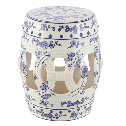 Lucky Coins 16" Blue/White Ceramic Cutout Interlocking Rings Drum Garden Stool