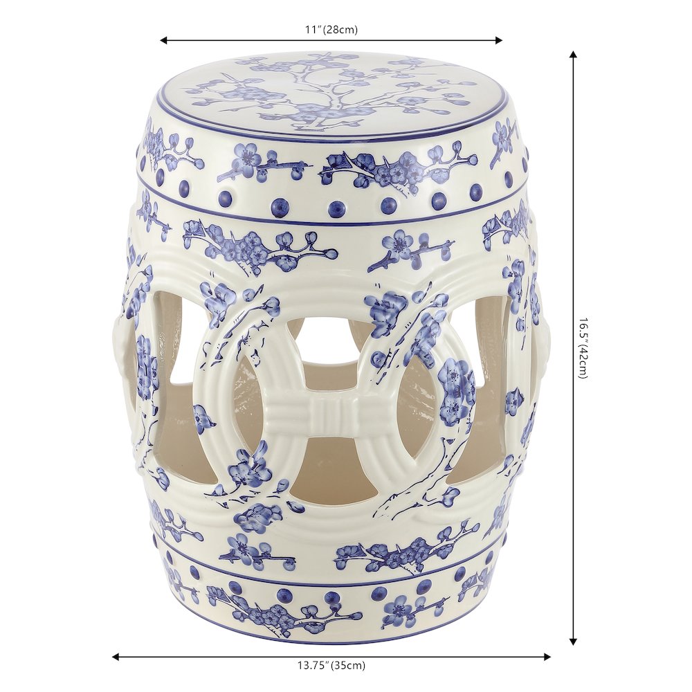 Lucky Coins 16" Blue/White Ceramic Cutout Interlocking Rings Drum Garden Stool