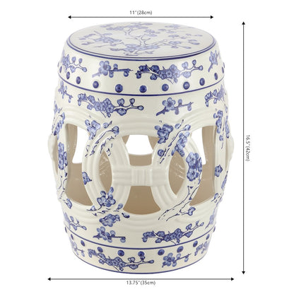 Lucky Coins 16" Blue/White Ceramic Cutout Interlocking Rings Drum Garden Stool