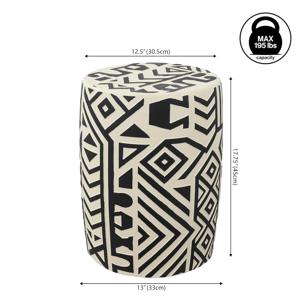 Rafi 17.75" Southwestern Distressed Black/Cream Concrete Geometric Garden Stool