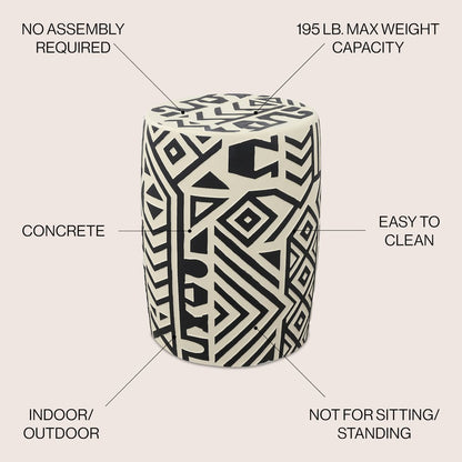 Rafi 17.75" Southwestern Distressed Black/Cream Concrete Geometric Garden Stool