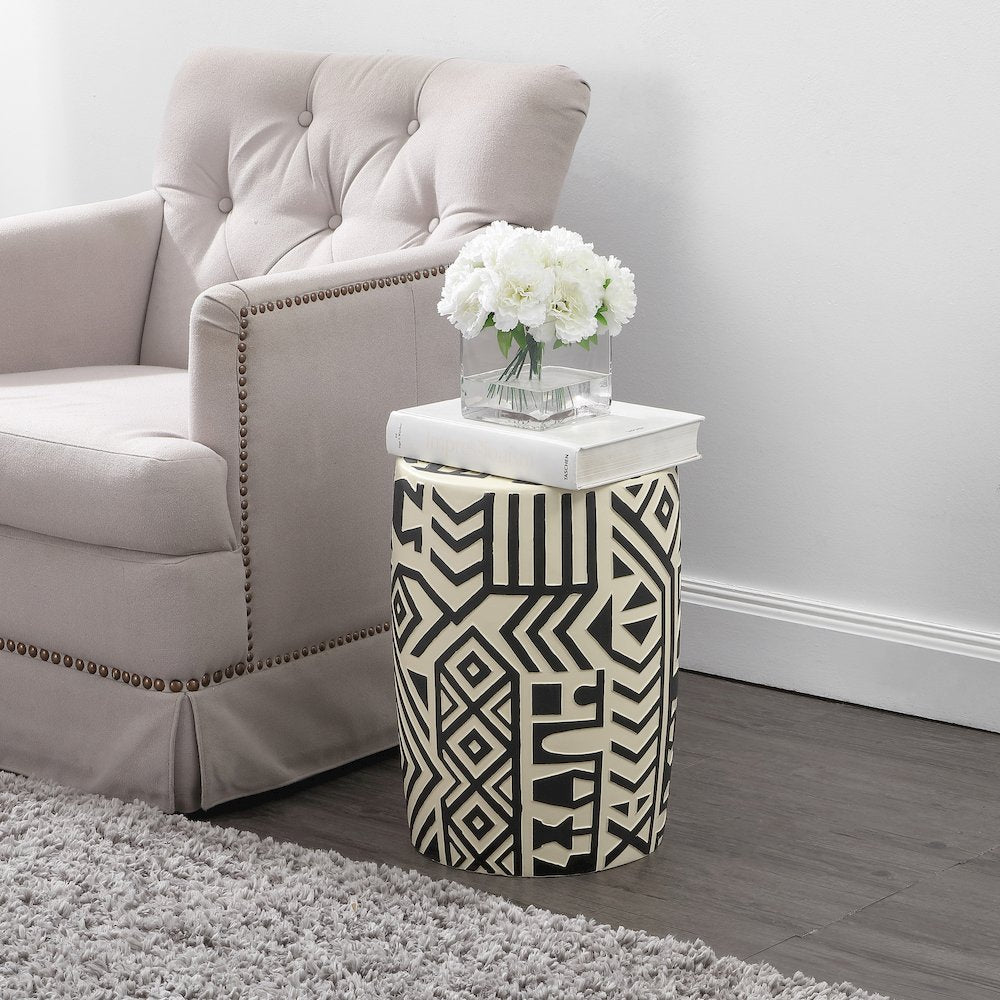 Rafi 17.75" Southwestern Distressed Black/Cream Concrete Geometric Garden Stool