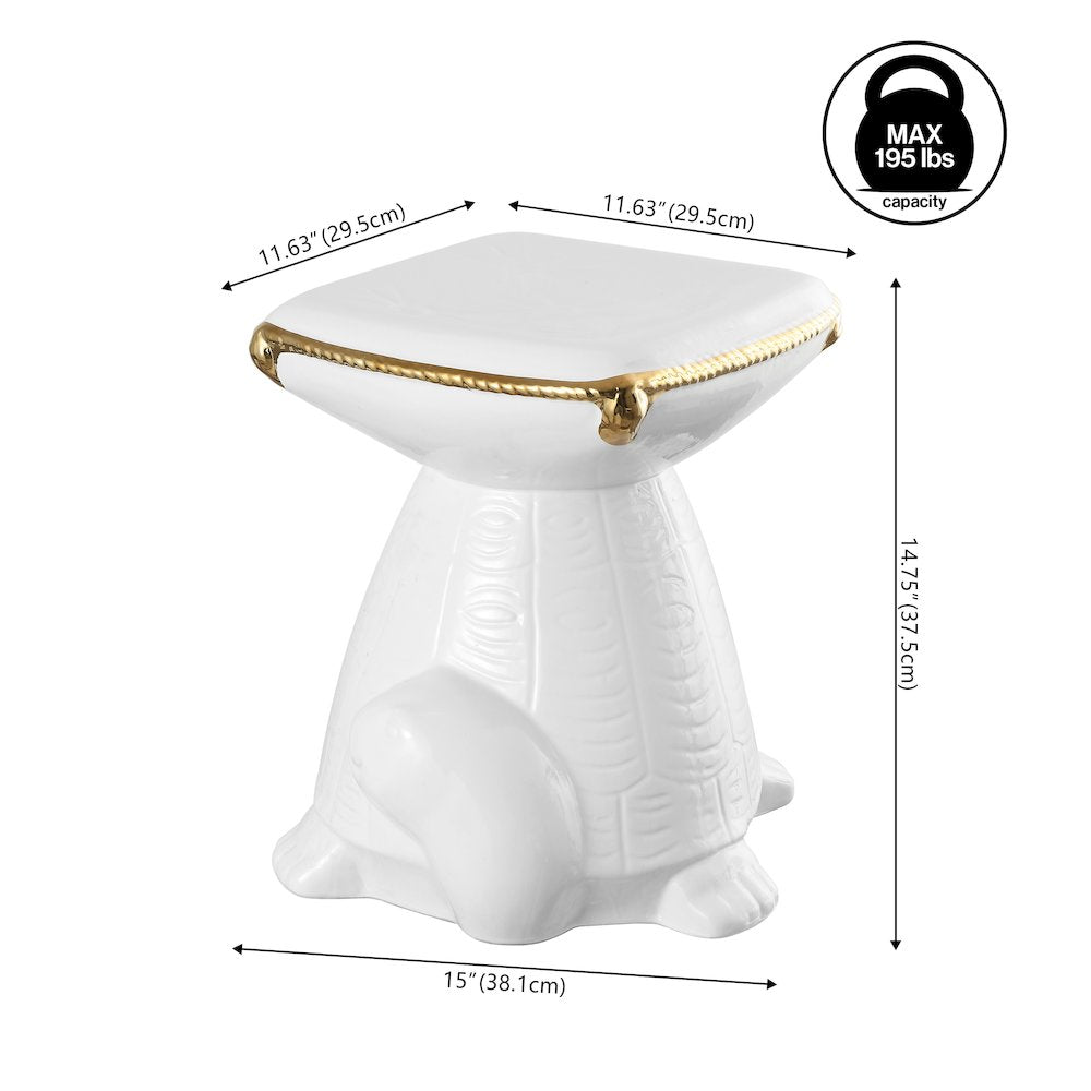 Caspian 15" Coastal White/Gold Ceramic Turtle Garden Stool