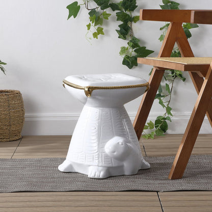 Caspian 15" Coastal White/Gold Ceramic Turtle Garden Stool