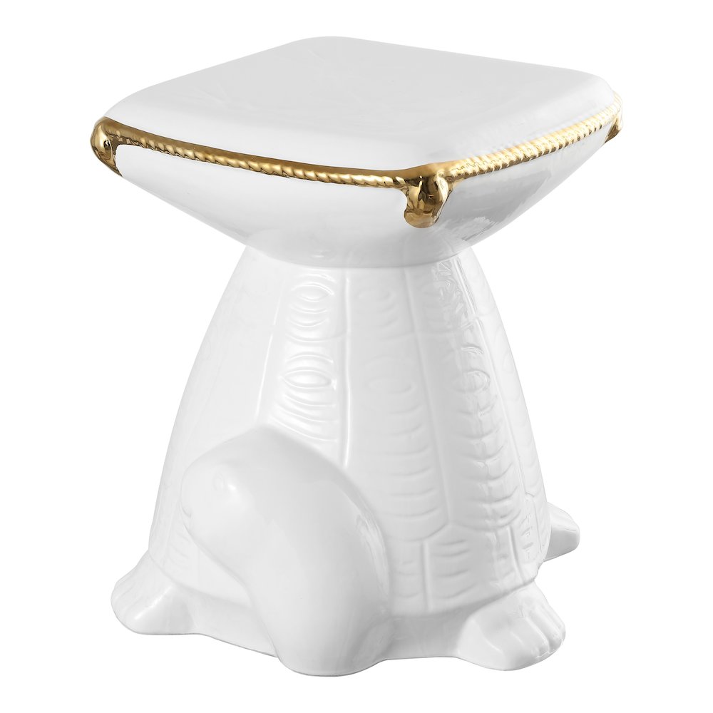 Caspian 15" Coastal White/Gold Ceramic Turtle Garden Stool