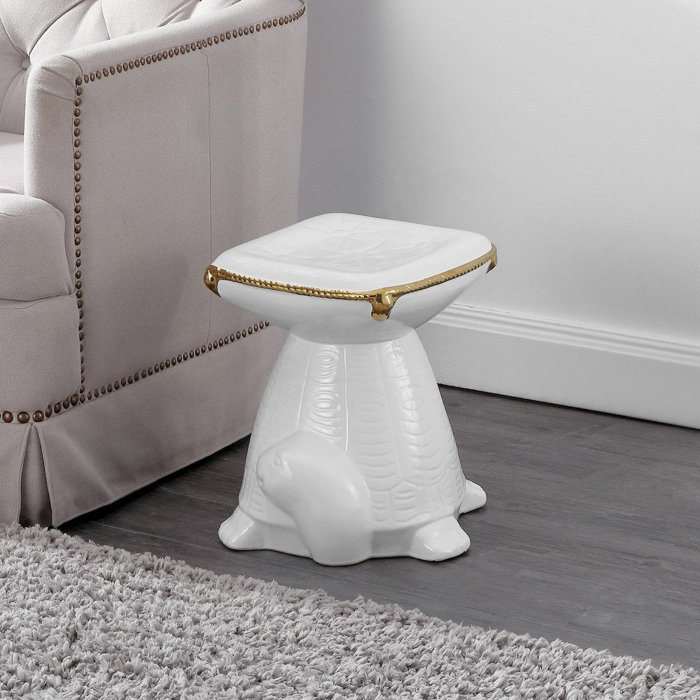 Caspian 15" Coastal White/Gold Ceramic Turtle Garden Stool