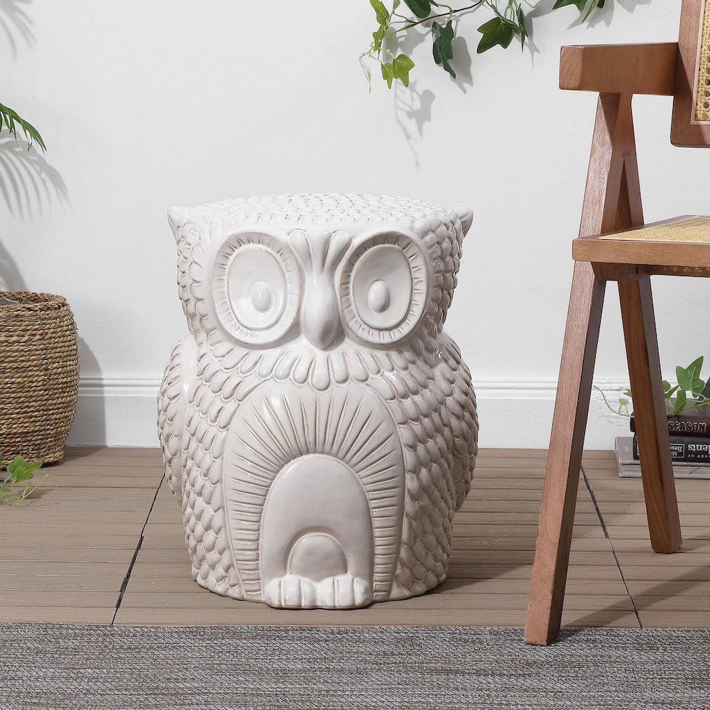 Millie 17.5" Cottage White Ceramic Owl Garden Stool