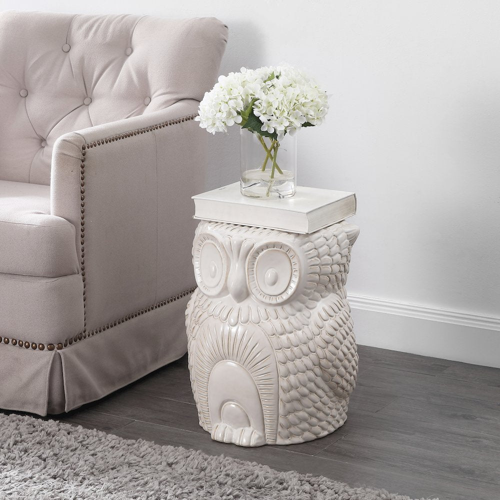 Millie 17.5" Cottage White Ceramic Owl Garden Stool