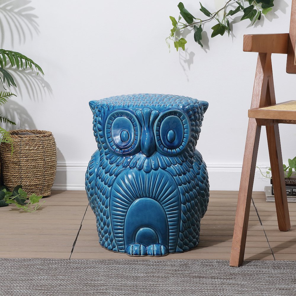 Millie 17.5" Cottage Blue Cracks Ceramic Owl Garden Stool