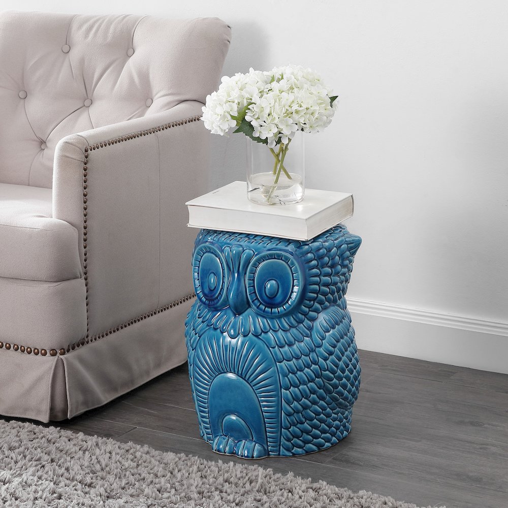 Millie 17.5" Cottage Blue Cracks Ceramic Owl Garden Stool