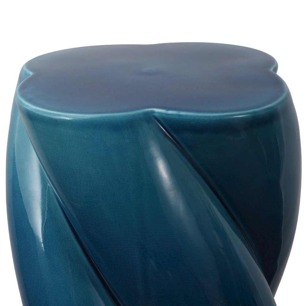 Yves 17.5" Glossy Cracked Blue Ceramic Twisted Garden Stool - Indoor/Outdoor
