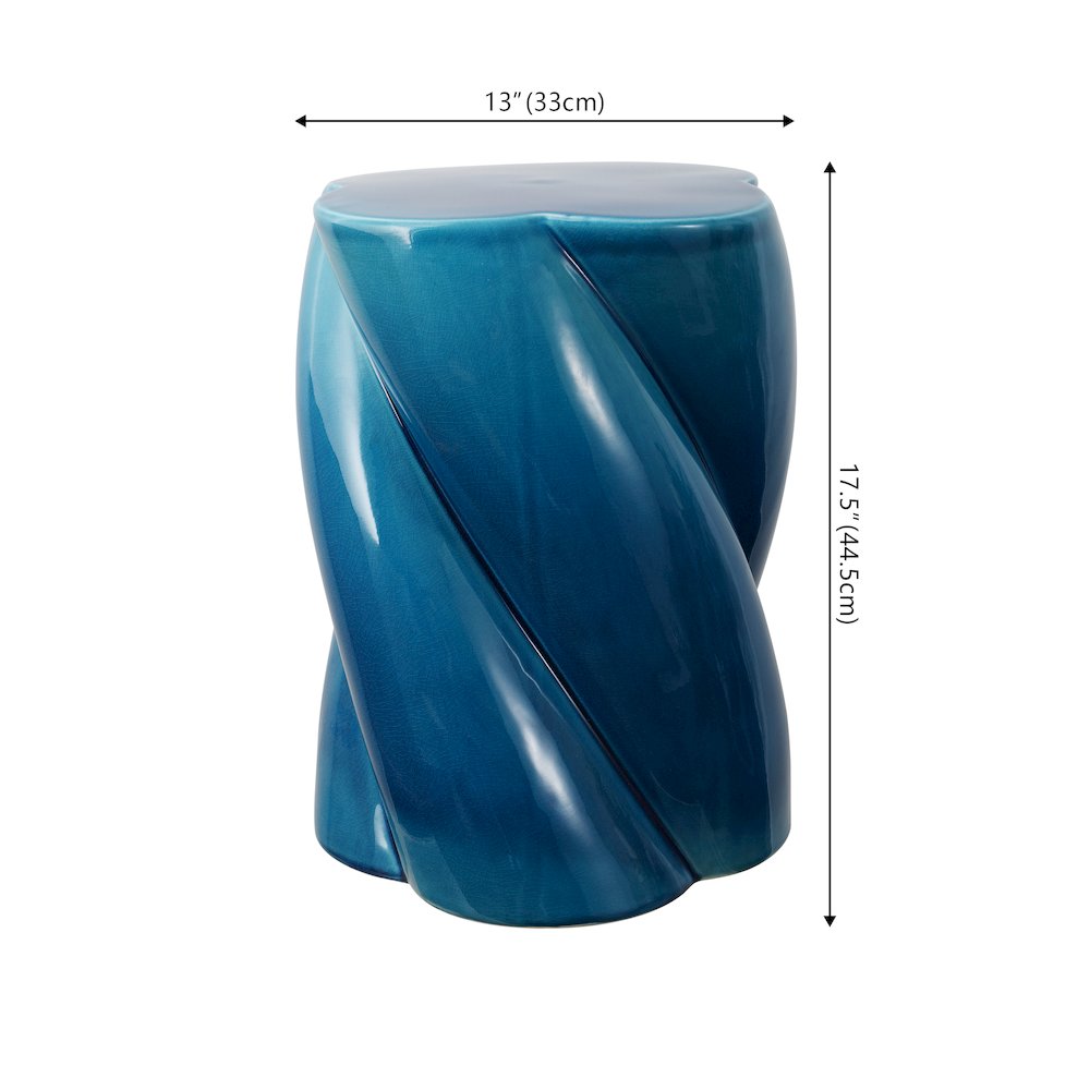 Yves 17.5" Glossy Cracked Blue Ceramic Twisted Garden Stool - Indoor/Outdoor