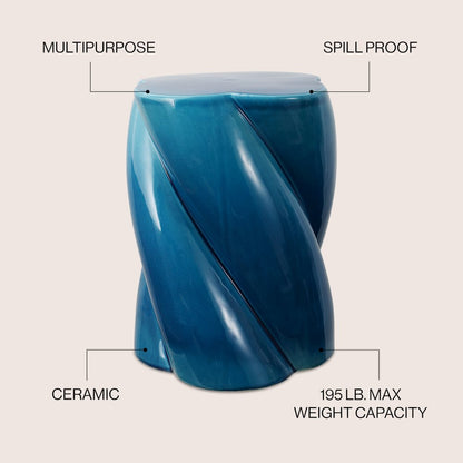 Yves 17.5" Glossy Cracked Blue Ceramic Twisted Garden Stool - Indoor/Outdoor