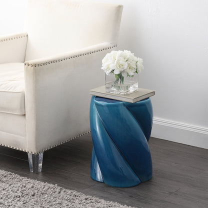 Yves 17.5" Glossy Cracked Blue Ceramic Twisted Garden Stool - Indoor/Outdoor
