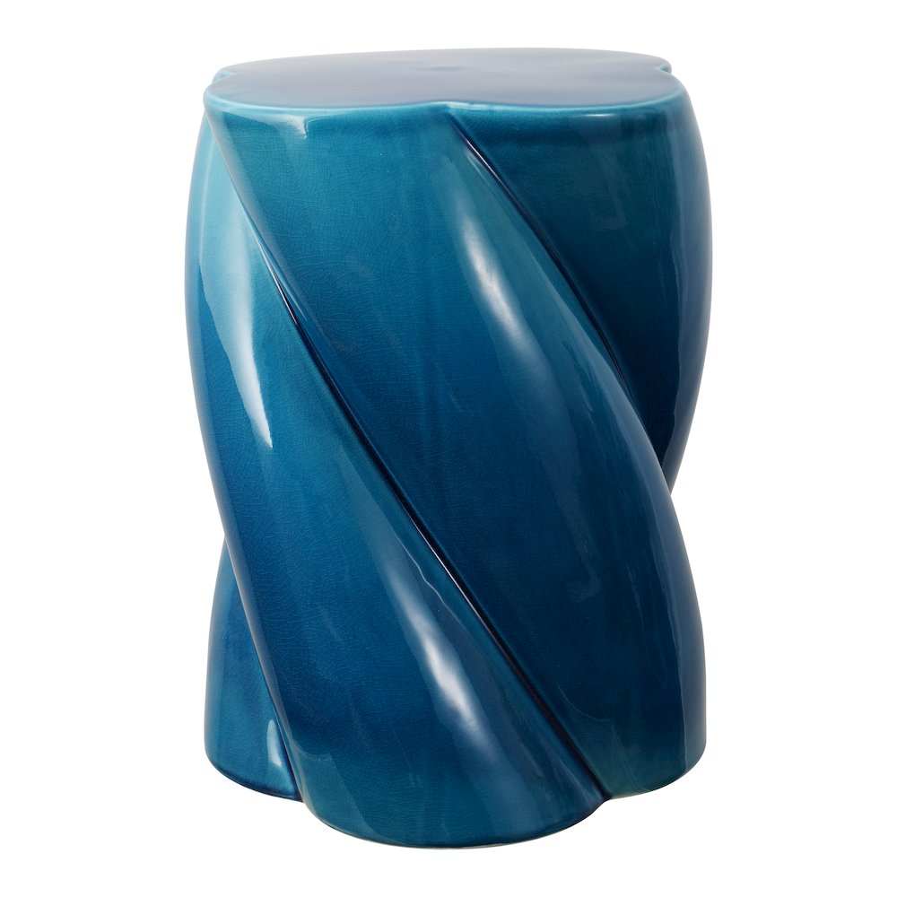 Yves 17.5" Glossy Cracked Blue Ceramic Twisted Garden Stool - Indoor/Outdoor