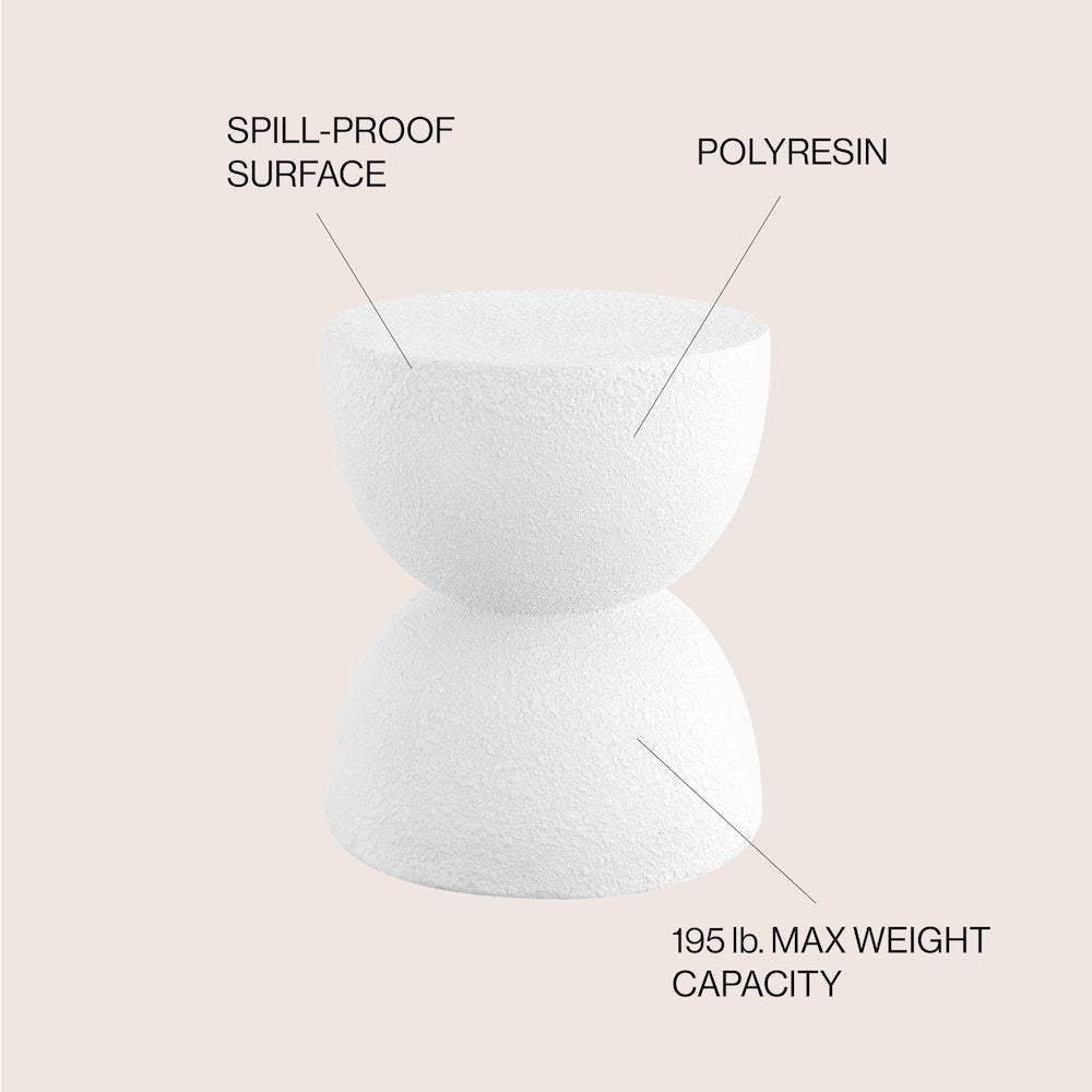 Greta 18" White Frosted Textured Hourglass Indoor/Outdoor Stool & Side Table