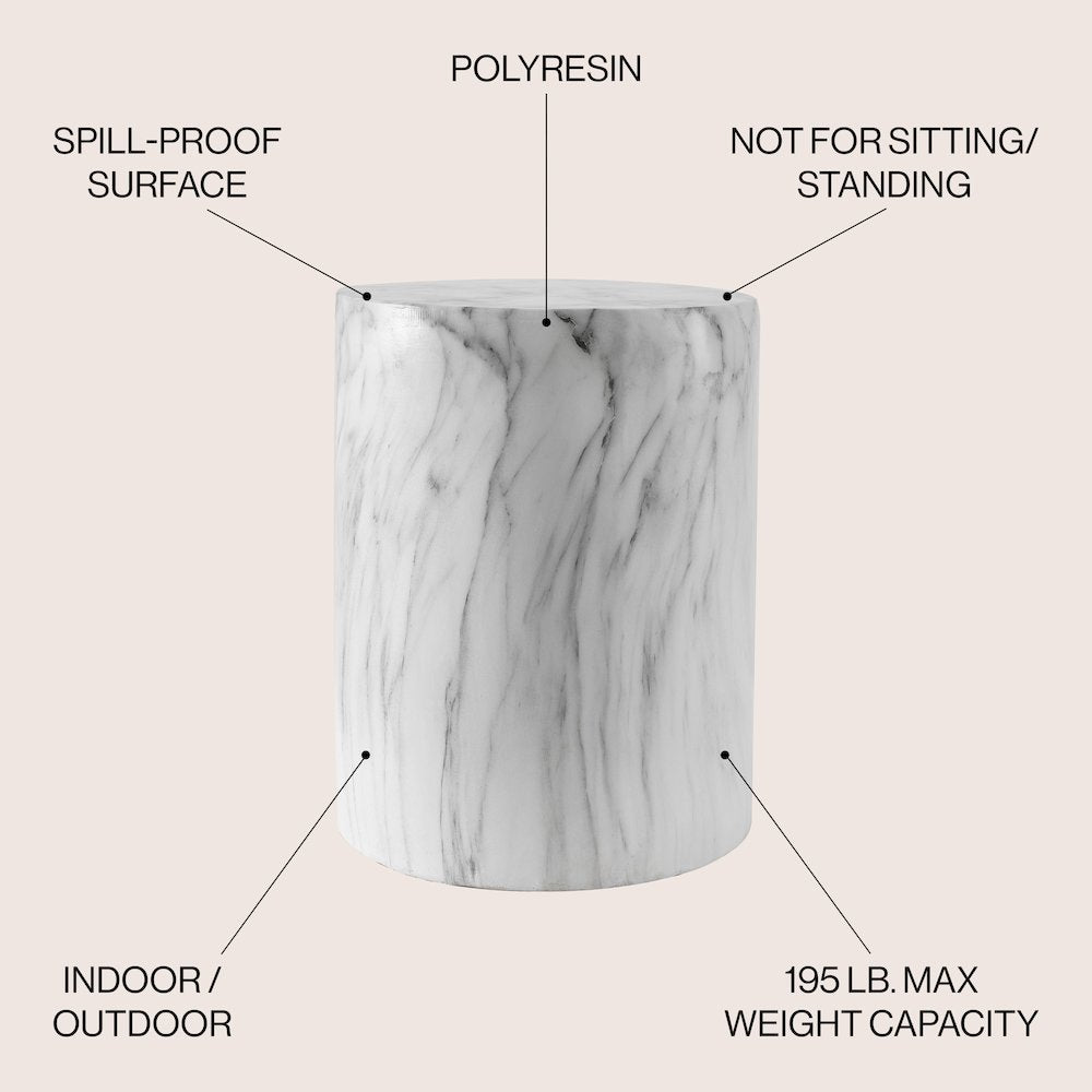 Troy 17" Modern White Faux Marble Cylinder Accent Table