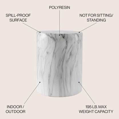 Troy 17" Modern White Faux Marble Cylinder Accent Table