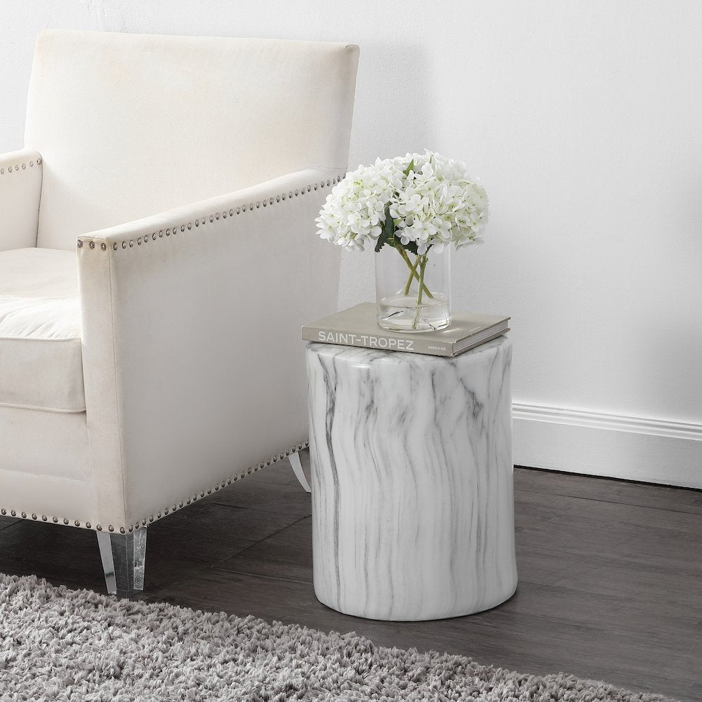 Troy 17" Modern White Faux Marble Cylinder Accent Table