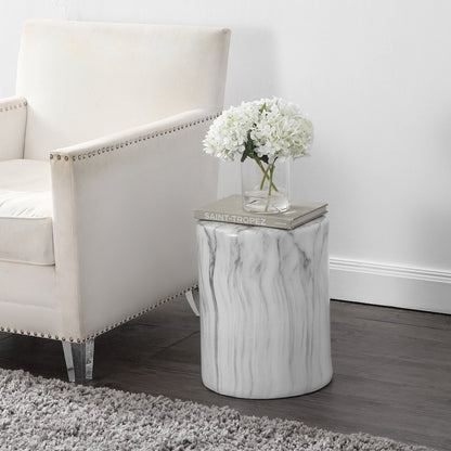 Troy 17" Modern White Faux Marble Cylinder Accent Table