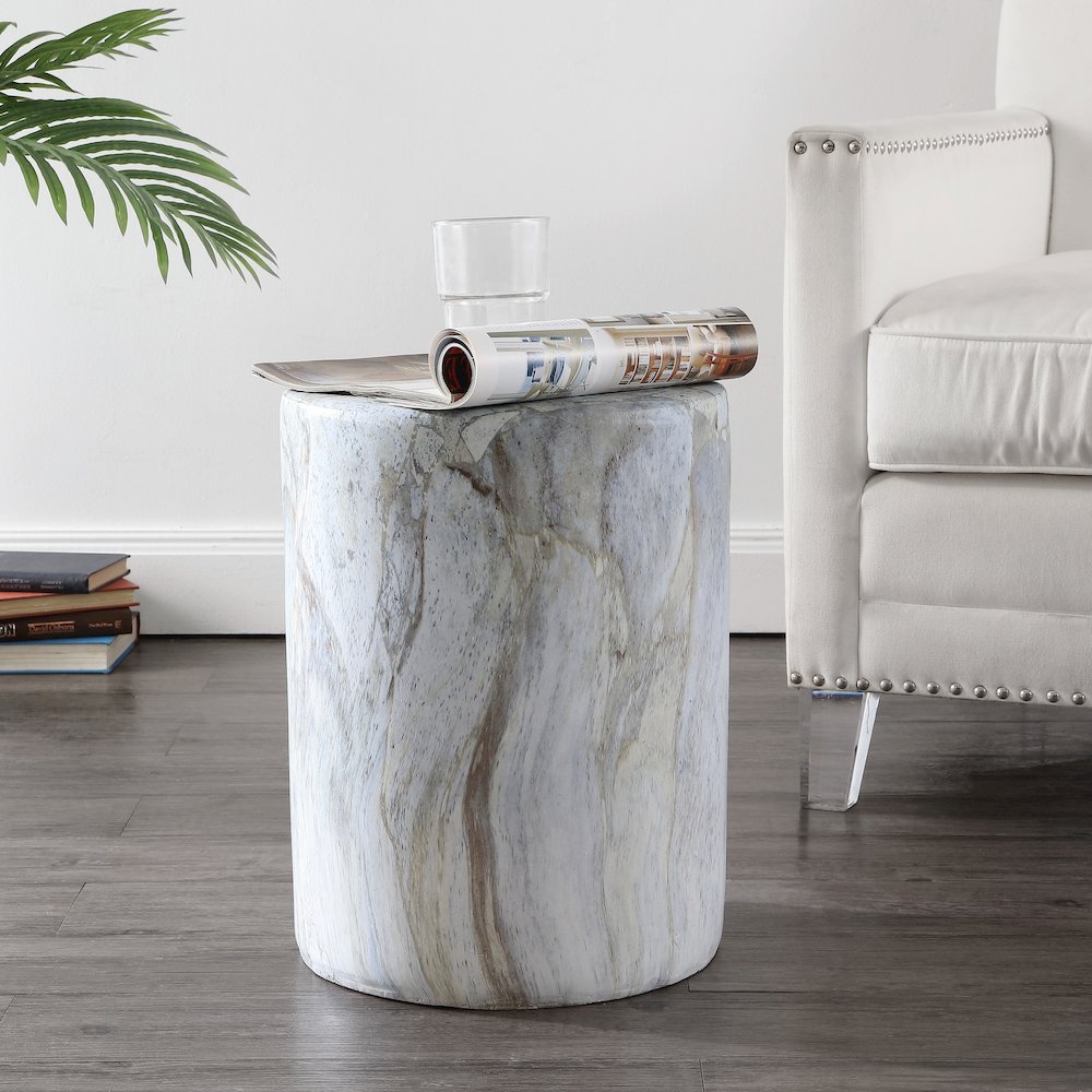 Troy 17" Modern Gray Faux Marble Cylinder Accent Table
