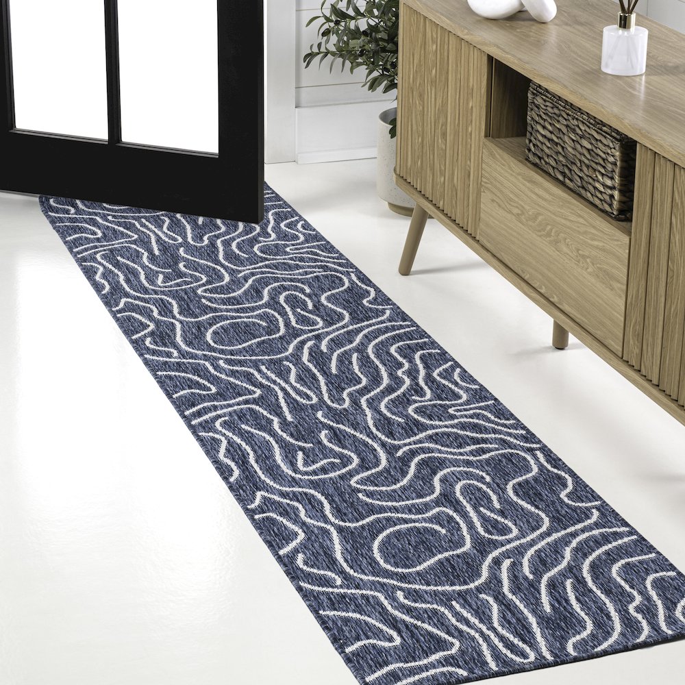 Organic Shapes Navy/Cream 2 ft. x 8 ft. Indoor/Outdoor Runner Rug