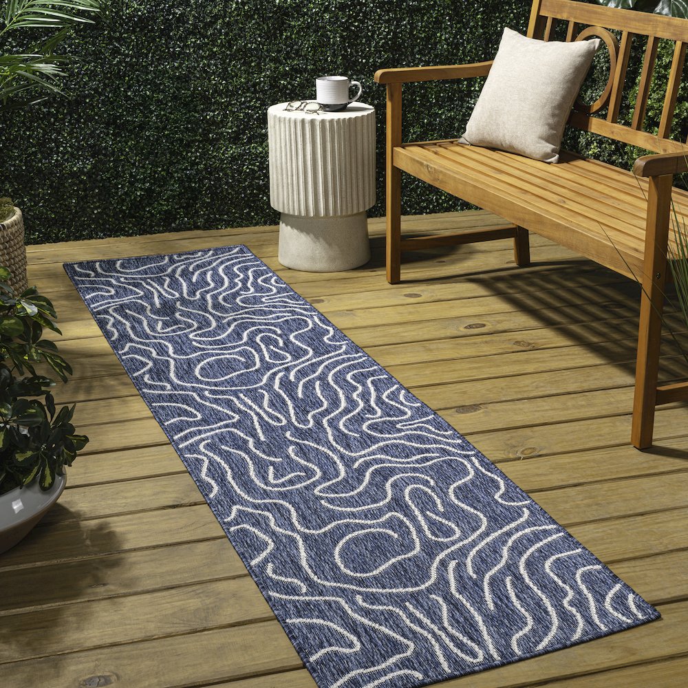 Organic Shapes Navy/Cream 2 ft. x 8 ft. Indoor/Outdoor Runner Rug