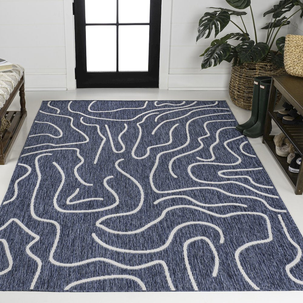 Organic Shapes Navy/Cream 2 ft. x 8 ft. Indoor/Outdoor Runner Rug