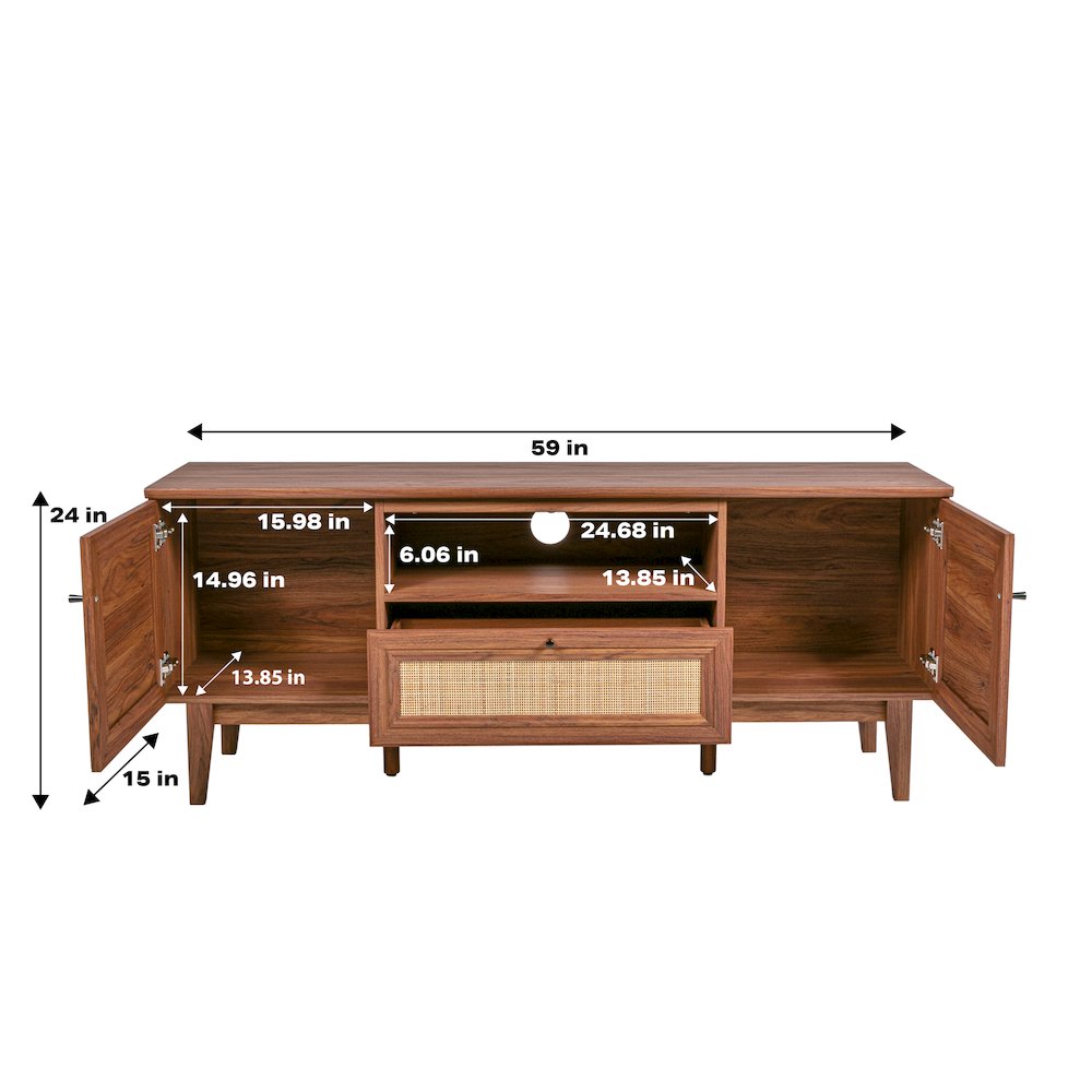 Finley 59" Mid-Century Walnut Rattan TV Stand