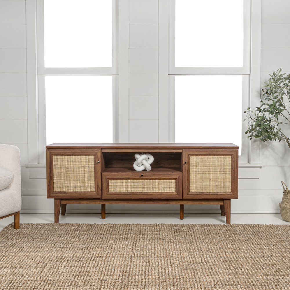 Finley 59" Mid-Century Walnut Rattan TV Stand