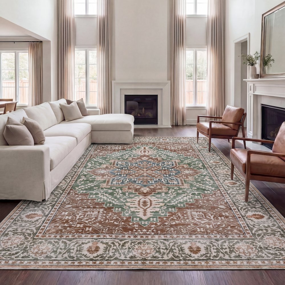 Eleanor Vintage Medallion Border Green/Brown Area Rug