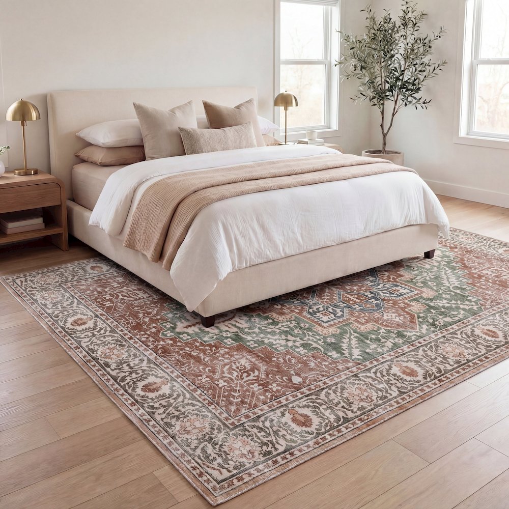 Eleanor Vintage Medallion Border Green/Brown Area Rug