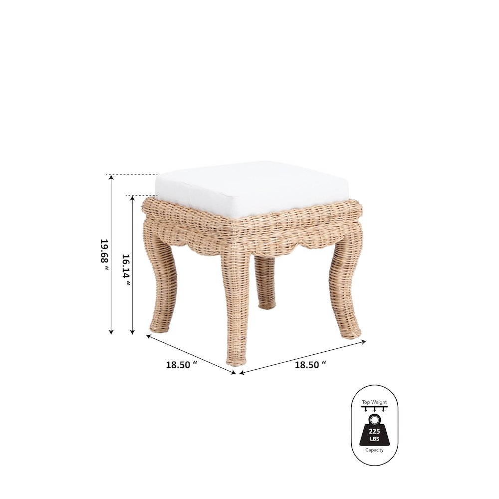 Rowan 18.5" Coastal Woven Rattan Vanity Stool with White Upholstered Cushion