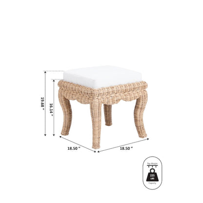 Rowan 18.5" Coastal Woven Rattan Vanity Stool with White Upholstered Cushion